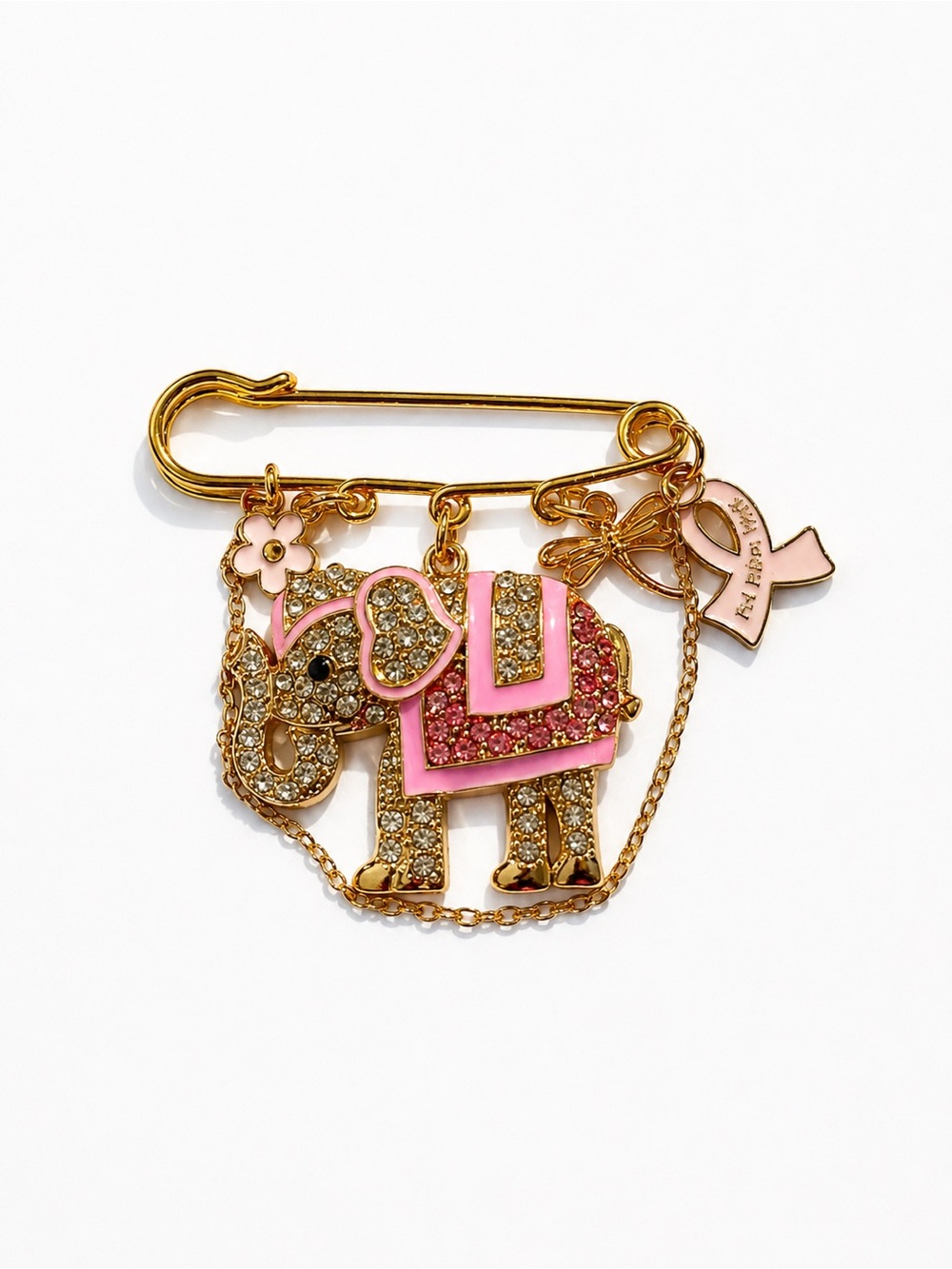 Gold-Tone Pink Elephant Charm Brooch with Crystals
